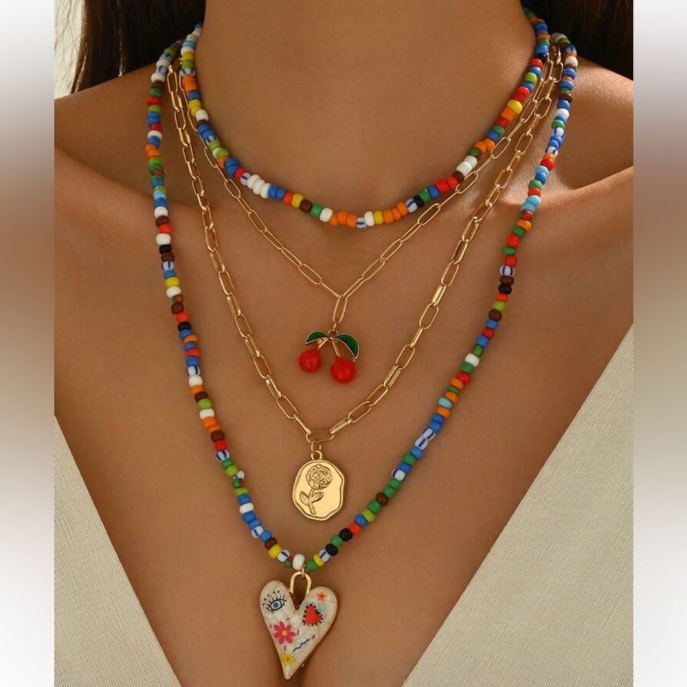 Colorful Beaded Heart Necklace Set M558